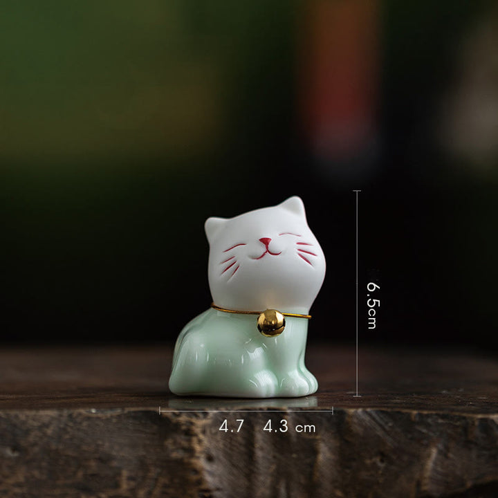 Buddha Stones Mini Lucky Cute Cat Figurina in ceramica verde chiaro bianca Decorazione - Gatto 4,7*4,3*6,5 cm - image 3