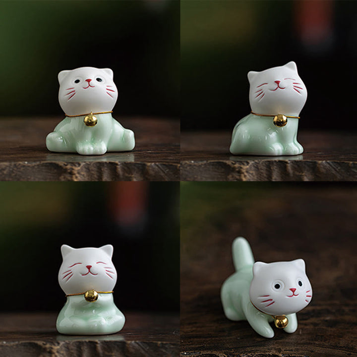 Buddha Stones Mini Lucky Cute Cat Figurina in ceramica verde chiaro bianca Decorazione - image 22