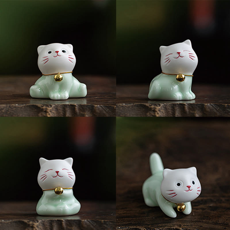 Buddha Stones Mini Lucky Cute Cat Figurina in ceramica verde chiaro bianca Decorazione - image 21