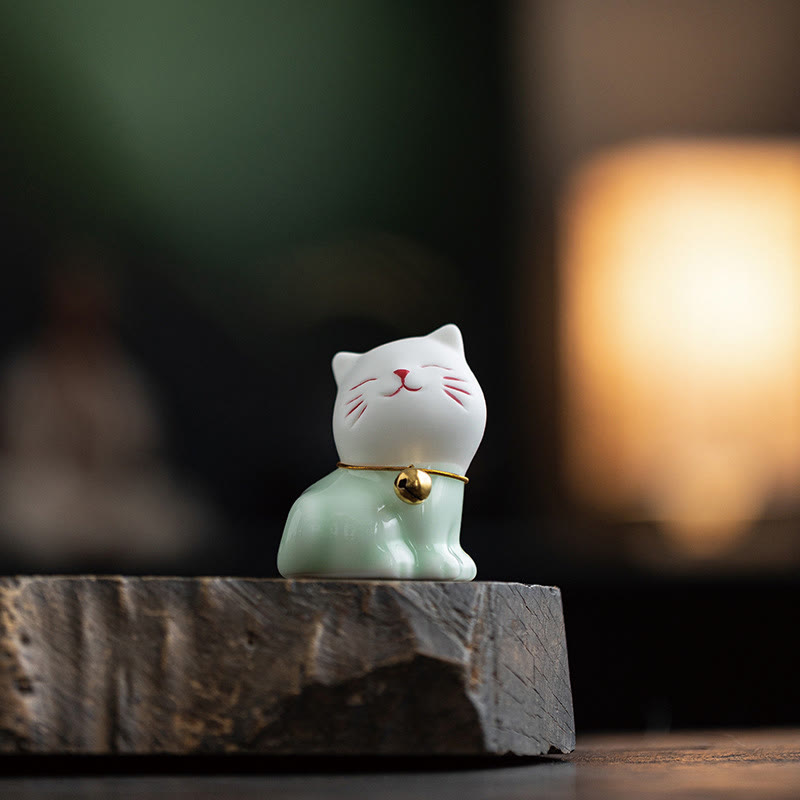 Buddha Stones Mini Lucky Cute Cat Figurina in ceramica verde chiaro bianca Decorazione - image 4