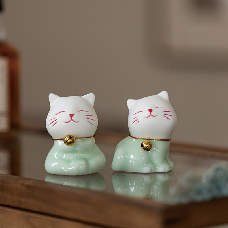 Buddha Stones Mini Lucky Cute Cat Figurina in ceramica verde chiaro bianca Decorazione - image 19