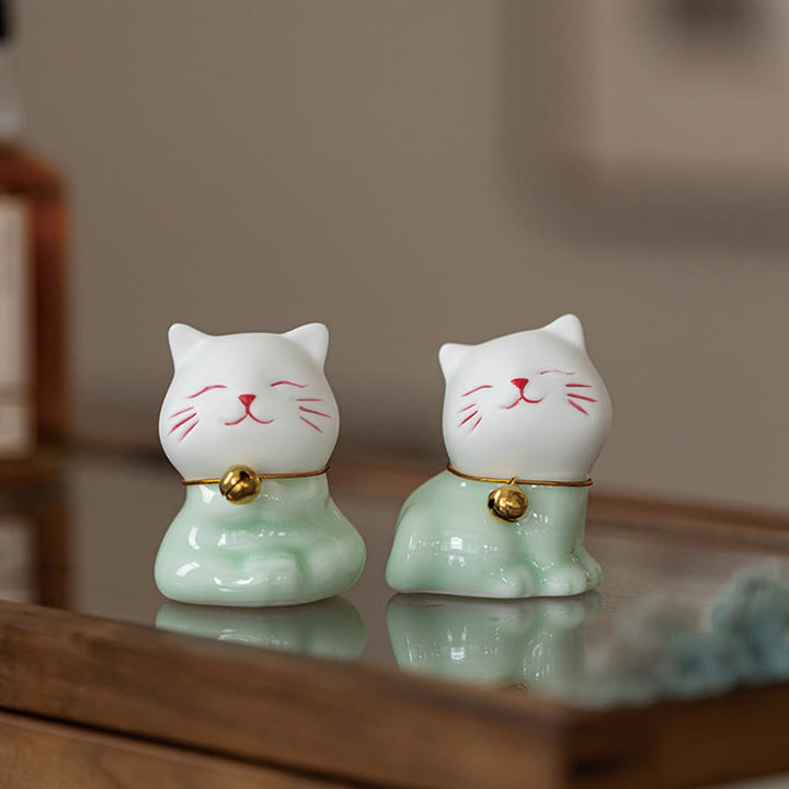 Buddha Stones Mini Lucky Cute Cat Figurina in ceramica verde chiaro bianca Decorazione - image 19