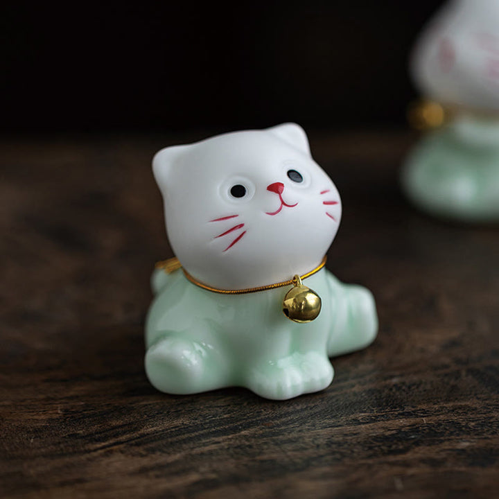 Buddha Stones Mini Lucky Cute Cat Figurina in ceramica verde chiaro bianca Decorazione - image 6