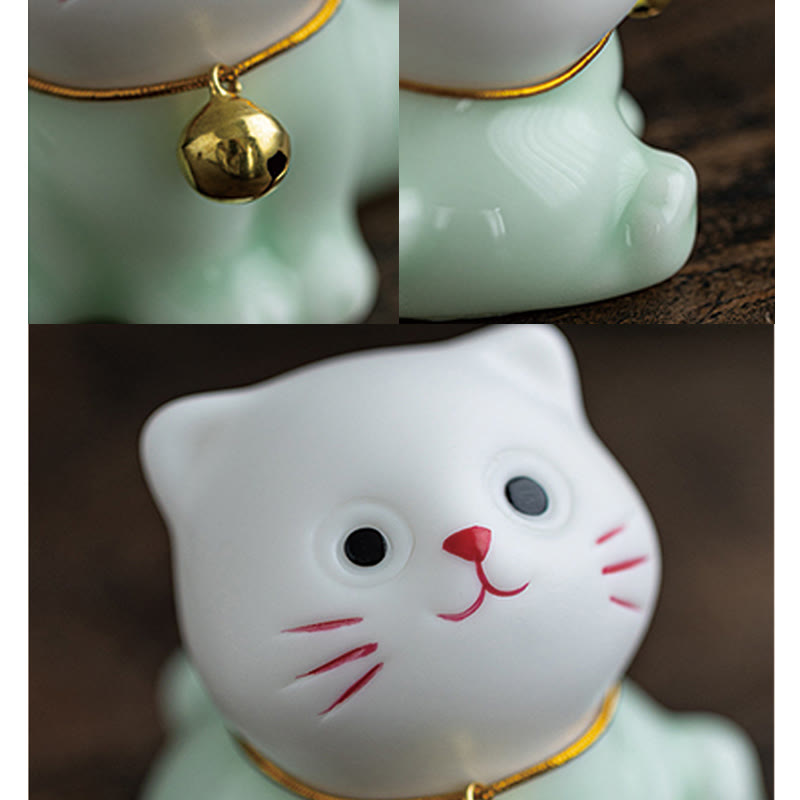 Buddha Stones Mini Lucky Cute Cat Figurina in ceramica verde chiaro bianca Decorazione - image 12
