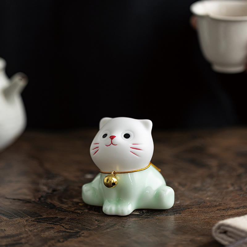 Buddha Stones Mini Lucky Cute Cat Figurina in ceramica verde chiaro bianca Decorazione - image 8