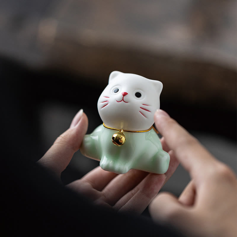Buddha Stones Mini Lucky Cute Cat Figurina in ceramica verde chiaro bianca Decorazione - image 9