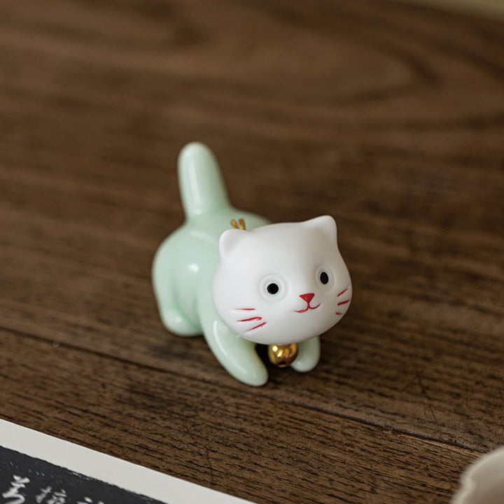 Buddha Stones Mini Lucky Cute Cat Figurina in ceramica verde chiaro bianca Decorazione - image 16