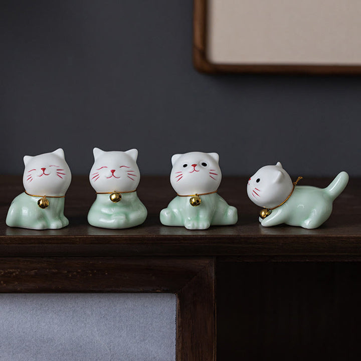 Buddha Stones Mini Lucky Cute Cat Figurina in ceramica verde chiaro bianca Decorazione - image 1