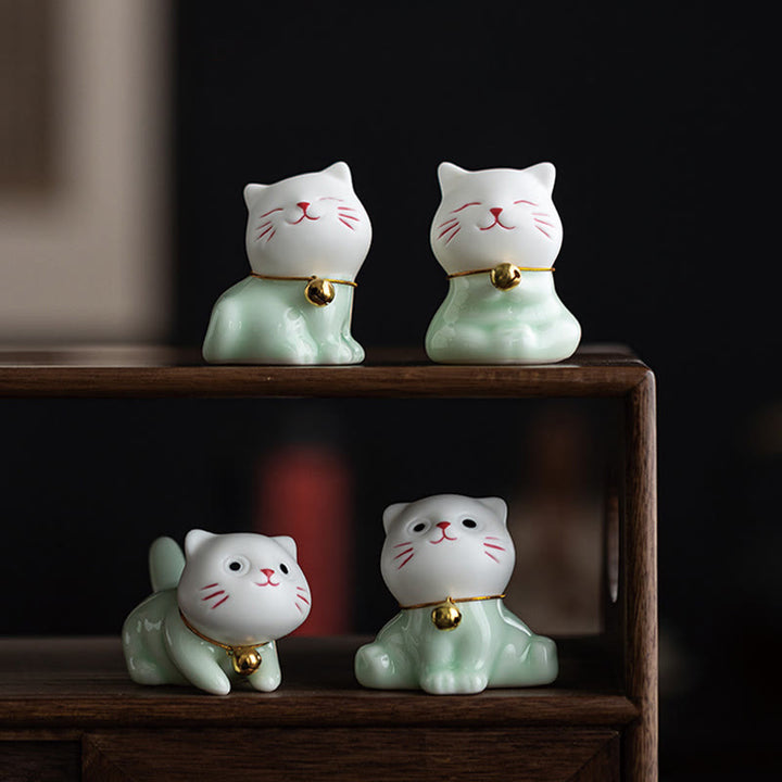 Buddha Stones Mini Lucky Cute Cat Figurina in ceramica verde chiaro bianca Decorazione - image 21