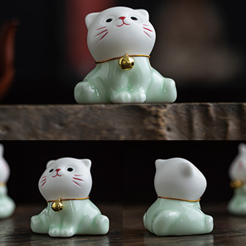 Buddha Stones Mini Lucky Cute Cat Figurina in ceramica verde chiaro bianca Decorazione - image 10