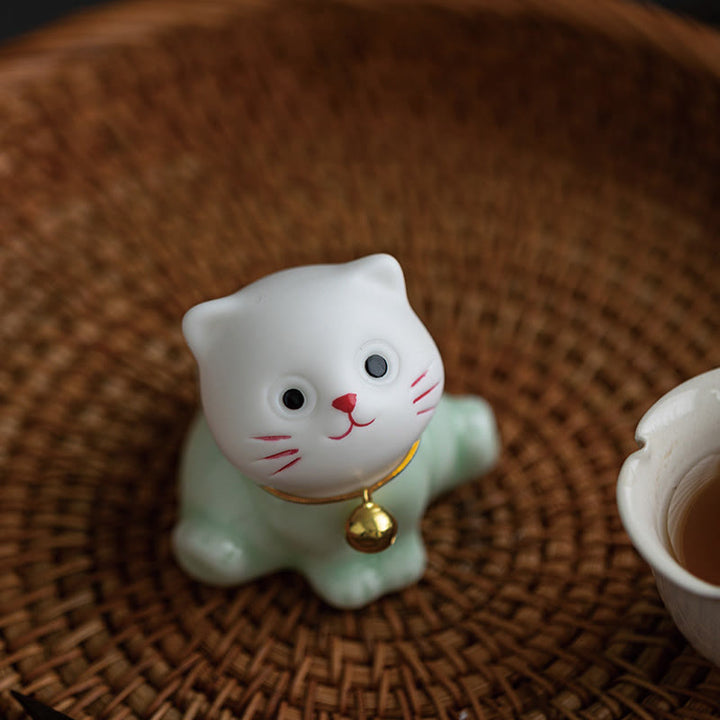 Buddha Stones Mini Lucky Cute Cat Figurina in ceramica verde chiaro bianca Decorazione - image 9