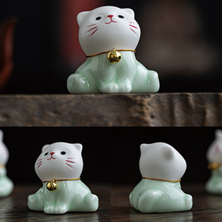 Buddha Stones Mini Lucky Cute Cat Figurina in ceramica verde chiaro bianca Decorazione - image 11