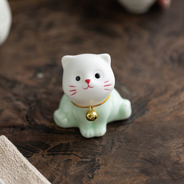 Buddha Stones Mini Lucky Cute Cat Figurina in ceramica verde chiaro bianca Decorazione - image 7