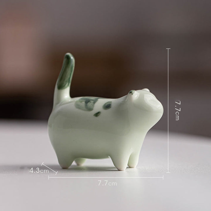 Buddha Stones Mini Lucky Cute Spotted Standing Cat Sleeping Kitten Ceramic Figurina Decorazione