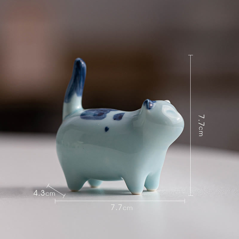 Buddha Stones Mini Lucky Cute Spotted Standing Cat Sleeping Kitten Ceramic Figurina Decorazione