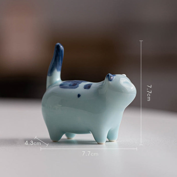 Buddha Stones Mini Lucky Cute Spotted Standing Cat Sleeping Kitten Ceramic Figurina Decorazione