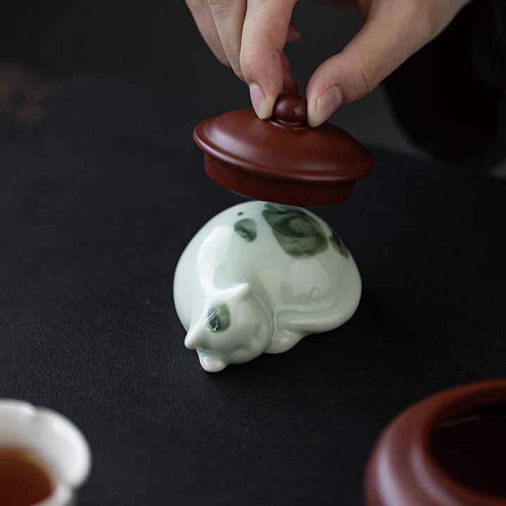 Buddha Stones Mini Lucky Cute Spotted Standing Cat Sleeping Kitten Ceramic Figurina Decorazione - image 21