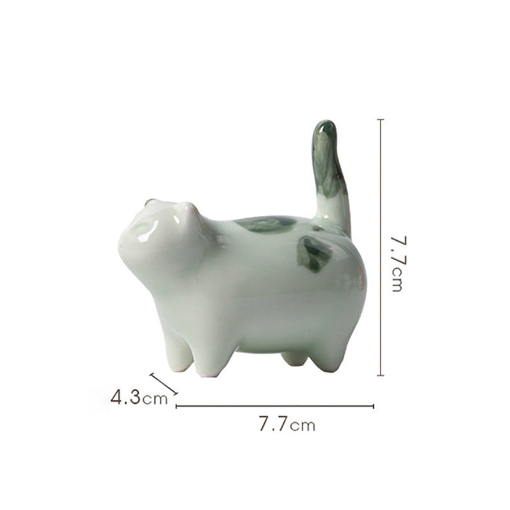 Buddha Stones Mini Lucky Cute Spotted Standing Cat Sleeping Kitten Ceramic Figurina Decorazione