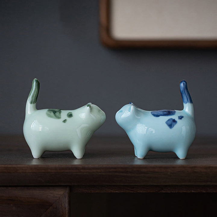 Buddha Stones Mini Lucky Cute Spotted Standing Cat Sleeping Kitten Ceramic Figurina Decorazione