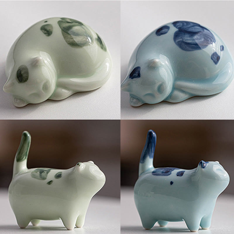 Buddha Stones Mini Lucky Cute Spotted Standing Cat Sleeping Kitten Ceramic Figurina Decorazione - image 23