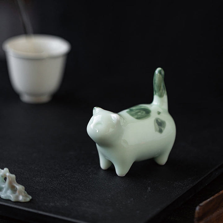 Buddha Stones Mini Lucky Cute Spotted Standing Cat Sleeping Kitten Ceramic Figurina Decorazione