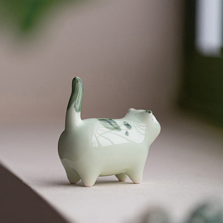 Buddha Stones Mini Lucky Cute Spotted Standing Cat Sleeping Kitten Ceramic Figurina Decorazione