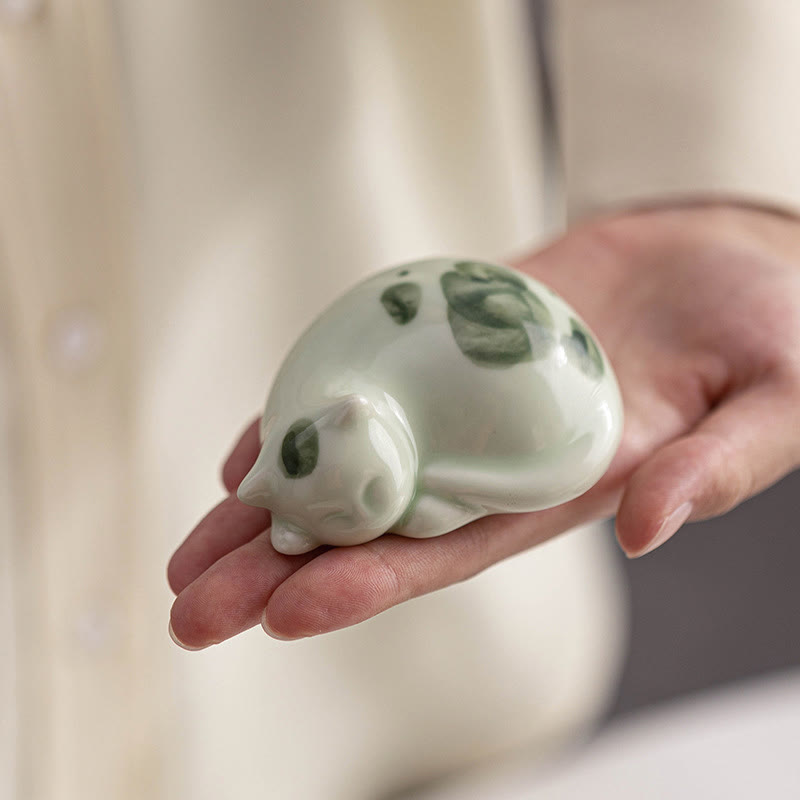 Buddha Stones Mini Lucky Cute Spotted Standing Cat Sleeping Kitten Ceramic Figurina Decorazione - image 18