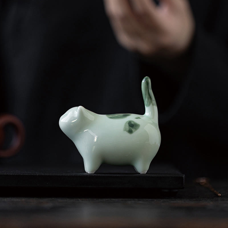 Buddha Stones Mini Lucky Cute Spotted Standing Cat Sleeping Kitten Ceramic Figurina Decorazione - image 1