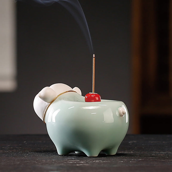 Buddha Stones Ceramica Piccolo Maialino Bastoncino di Benedizione Bruciatore di Incenso