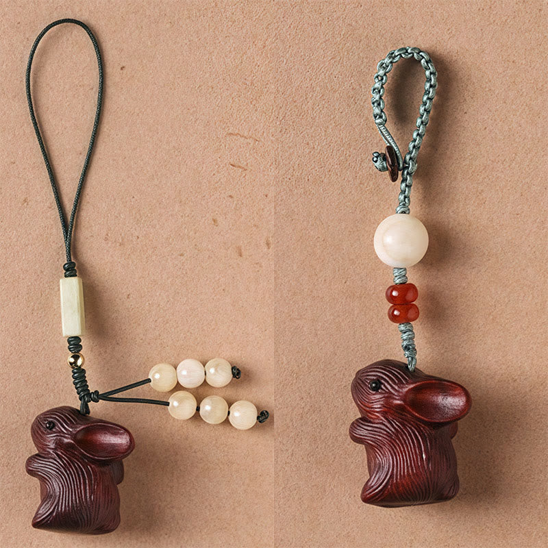 Buddha Stones Sandalo Piccola Foglia Sandalo Rosso Mini Coniglio Fortunato Protezione Portachiavi Telefono Appeso Decorazione