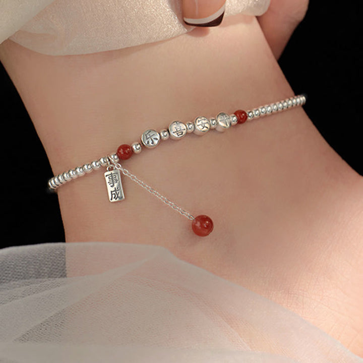 Buddha Stones 925 Sterling Silver Piccole Perle Agata Rossa Pace E Gioia Benedizione Cavigliera