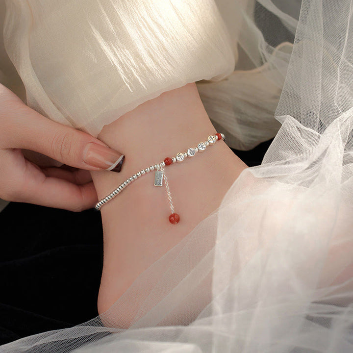 Buddha Stones 925 Sterling Silver Piccole Perle Agata Rossa Pace E Gioia Benedizione Cavigliera - image 8