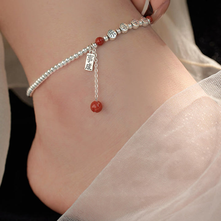 Buddha Stones 925 Sterling Silver Piccole Perle Agata Rossa Pace E Gioia Benedizione Cavigliera