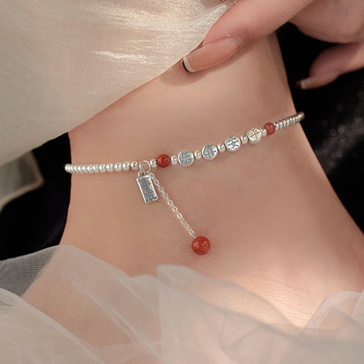 Buddha Stones 925 Sterling Silver Piccole Perle Agata Rossa Pace E Gioia Benedizione Cavigliera - image 4