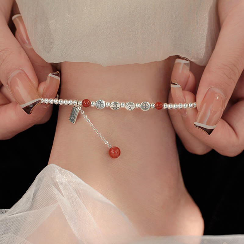 Buddha Stones 925 Sterling Silver Piccole Perle Agata Rossa Pace E Gioia Benedizione Cavigliera - Cavigliera in argento (circonferenza 18-22 cm) - image 0