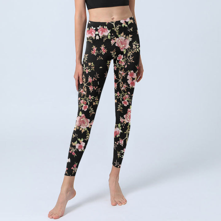Leggings da palestra con stampa di foglie e fiori di rosa Buddha Stones, pantaloni da yoga da donna