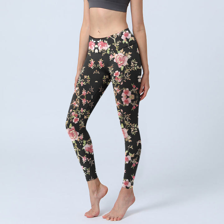 Leggings da palestra con stampa di foglie e fiori di rosa Buddha Stones, pantaloni da yoga da donna