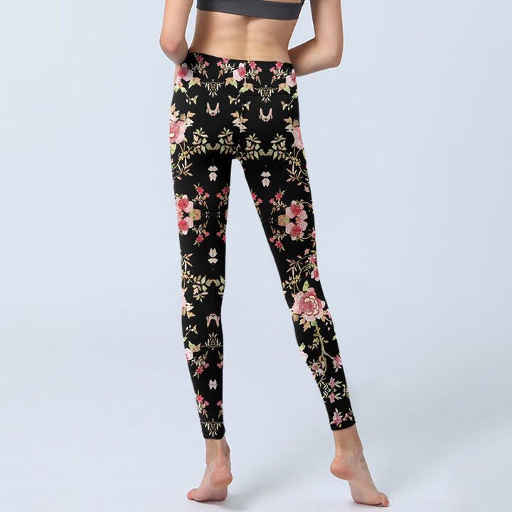 Leggings da palestra con stampa di foglie e fiori di rosa Buddha Stones, pantaloni da yoga da donna