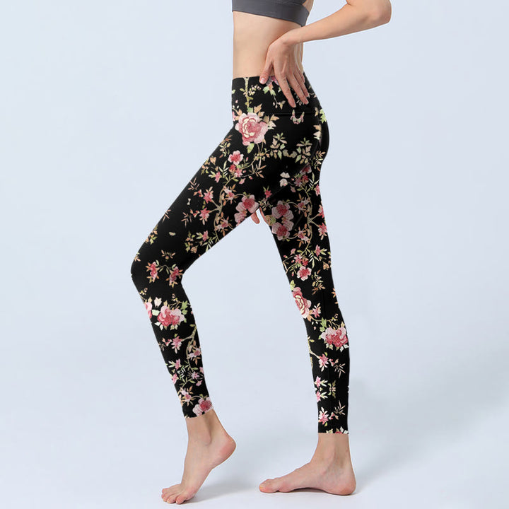 Leggings da palestra con stampa di foglie e fiori di rosa Buddha Stones, pantaloni da yoga da donna