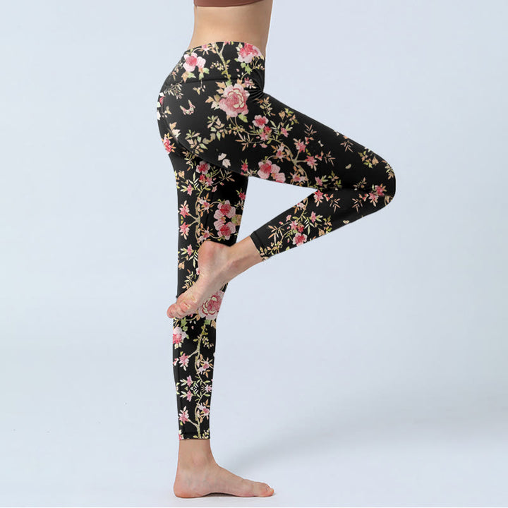 Leggings da palestra con stampa di foglie e fiori di rosa Buddha Stones, pantaloni da yoga da donna