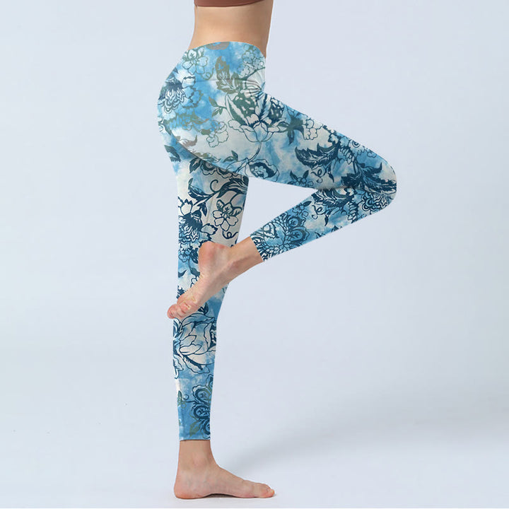 Leggings da palestra con stampa di peonie e crisantemi Buddha Stones, pantaloni da yoga da donna