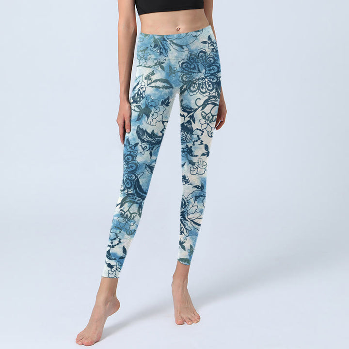 Leggings da palestra con stampa di peonie e crisantemi Buddha Stones, pantaloni da yoga da donna