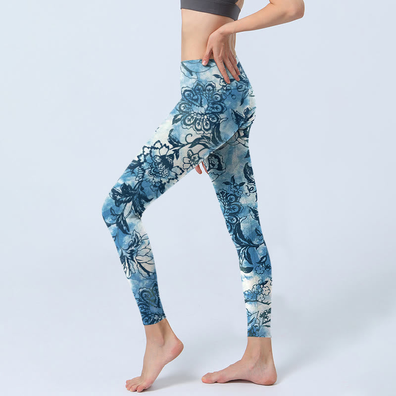 Leggings da palestra con stampa di peonie e crisantemi Buddha Stones, pantaloni da yoga da donna