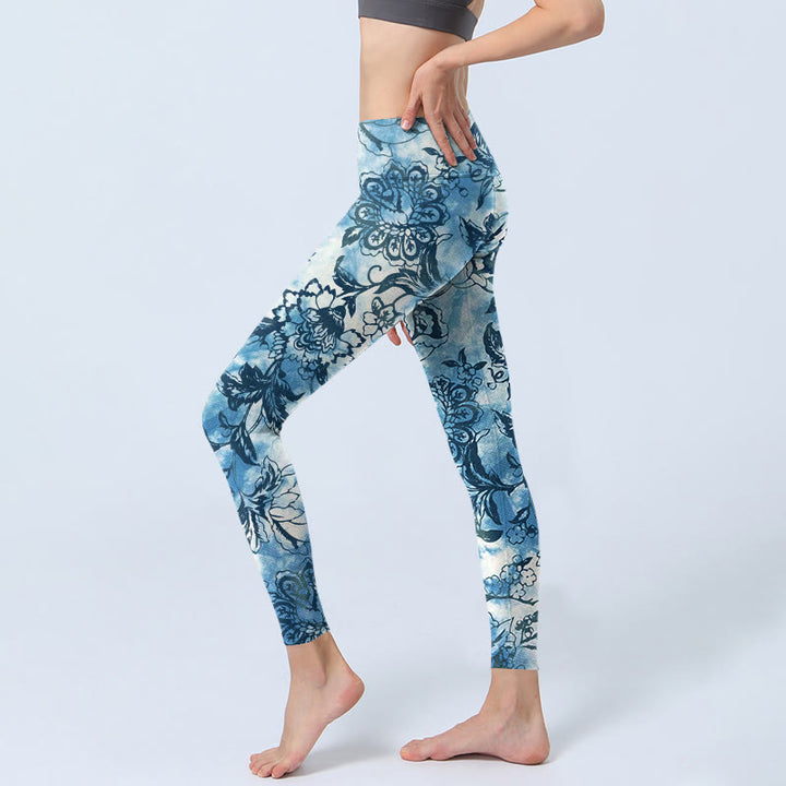 Leggings da palestra con stampa di peonie e crisantemi Buddha Stones, pantaloni da yoga da donna