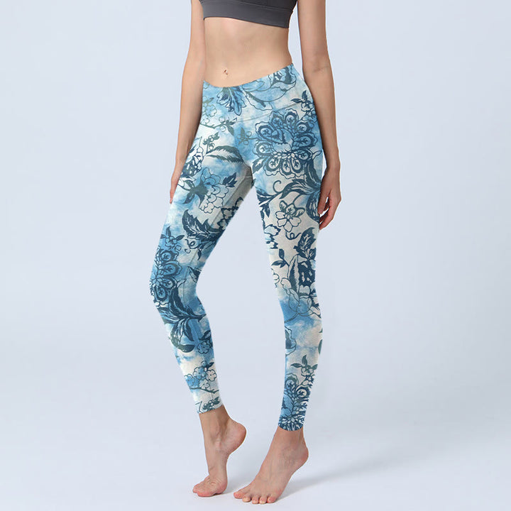 Leggings da palestra con stampa di peonie e crisantemi Buddha Stones, pantaloni da yoga da donna - DodgerBlue - US18, UK/AU22, EU50 (4XL) - image 0