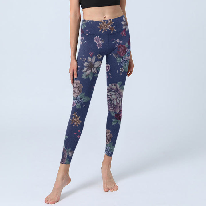 Leggings da palestra con stampa di Buddha Stones, rosa rossa, peonia e crisantemo, pantaloni da yoga da donna