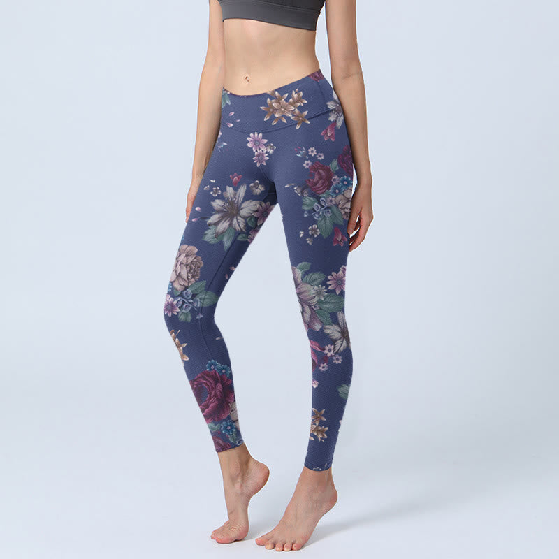 Leggings da palestra con stampa di Buddha Stones, rosa rossa, peonia e crisantemo, pantaloni da yoga da donna - Ardesia Blu - US18, UK/AU22, EU50 (4XL) - image 0