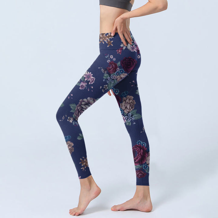 Leggings da palestra con stampa di Buddha Stones, rosa rossa, peonia e crisantemo, pantaloni da yoga da donna