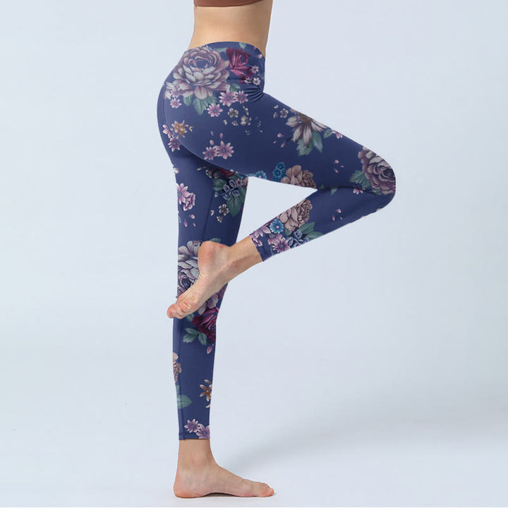 Leggings da palestra con stampa di Buddha Stones, rosa rossa, peonia e crisantemo, pantaloni da yoga da donna