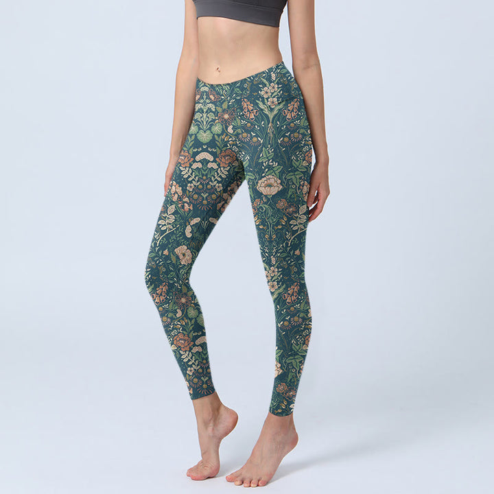 Leggings da palestra con stampa a motivo di Buddha Stones Green Stitching Flowers Vines da donna, pantaloni da yoga